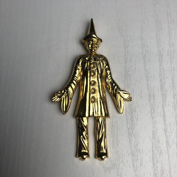 Vintage Gold Tone Pierrot Sad Clown Figural Halloween Spooky Large Brooch Pin - Picture 2 of 5